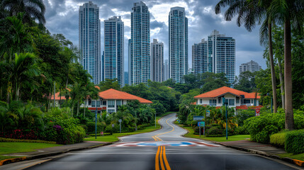 Obraz premium Serene residential street nestled amongst lush tropical greenery, with modern skyscrapers in the background. A captivating blend of urban development and natural beauty.