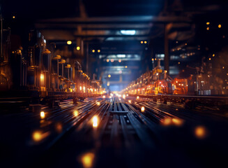 Fototapeta premium Abstract background image featuring a bokeh effect of warm lights illuminating a dark, industrial setting. The perspective leads the eye down a long, metallic pathway lined with glowing elements.
