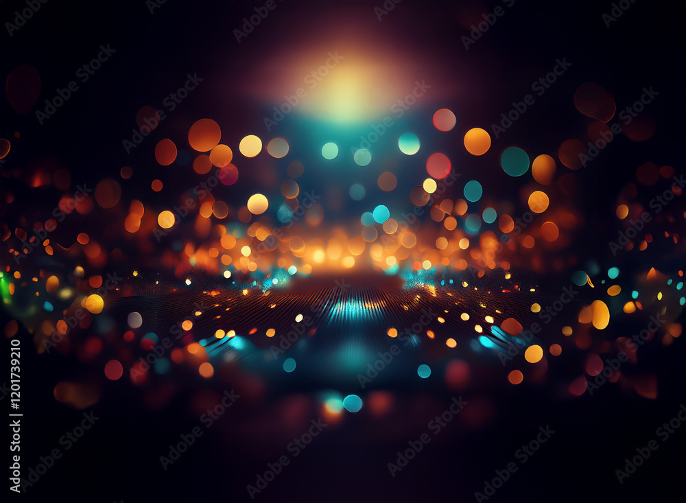 Poster Abstract background image featuring vibrant bokeh lights.  Colorful, glowing orbs create a dynamic, luminous scene.  The depth of field emphasizes a central, brighter area.