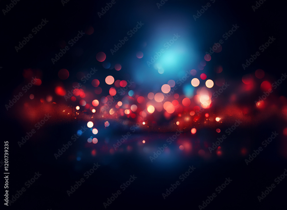 Poster An abstract background image features a bokeh effect with red and blue lights, creating a dreamy, atmospheric scene.  The lights are reflected on a dark surface below.
