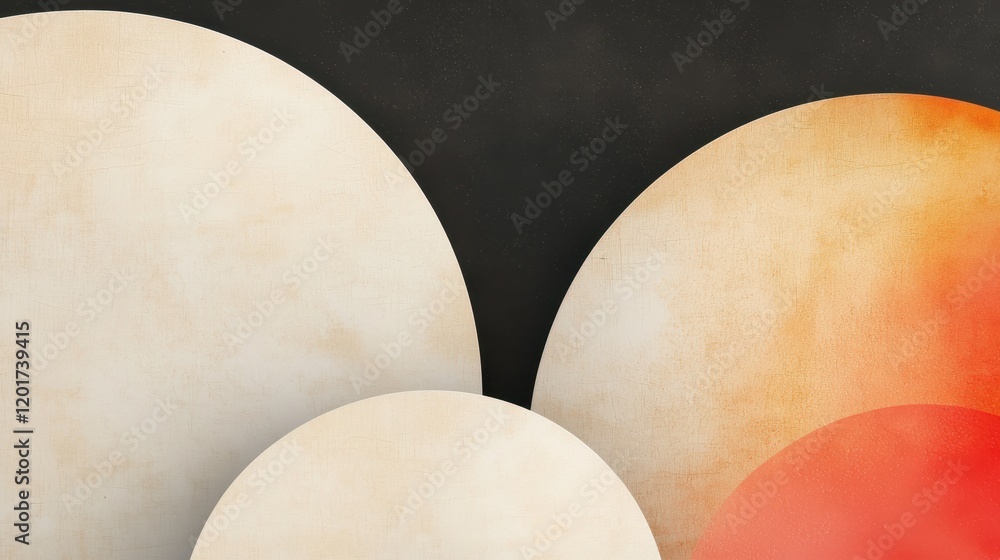Poster bright, colorful abstract shapes on dark background create striking visual contrast. circular forms 