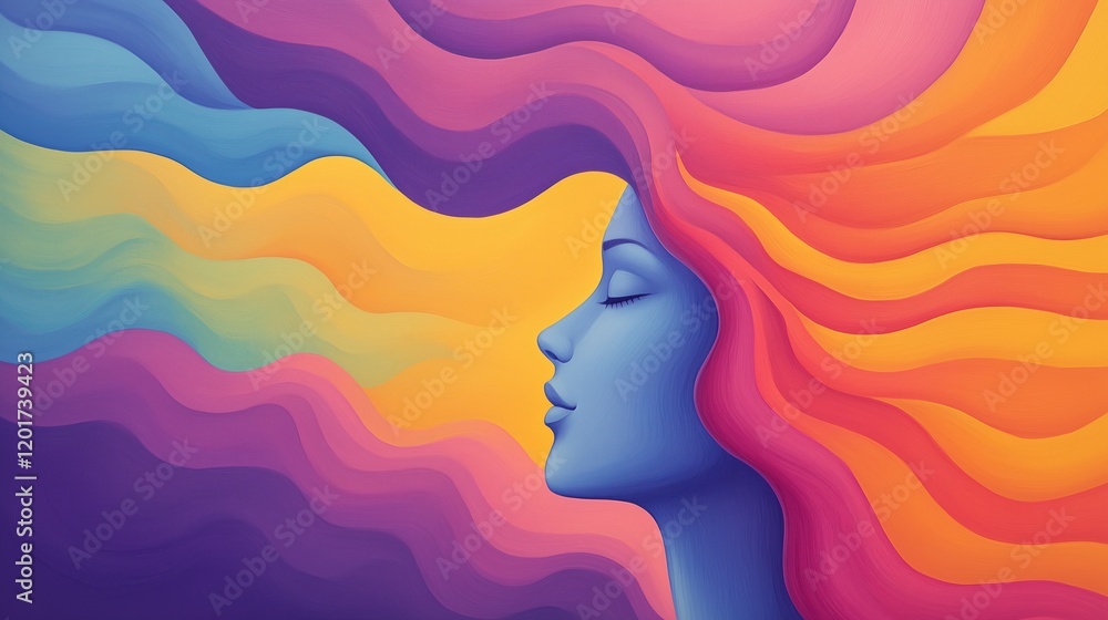 Poster vibrant psychedelic mural depicting journey in colorful waves illustrating dreamlike visions with su