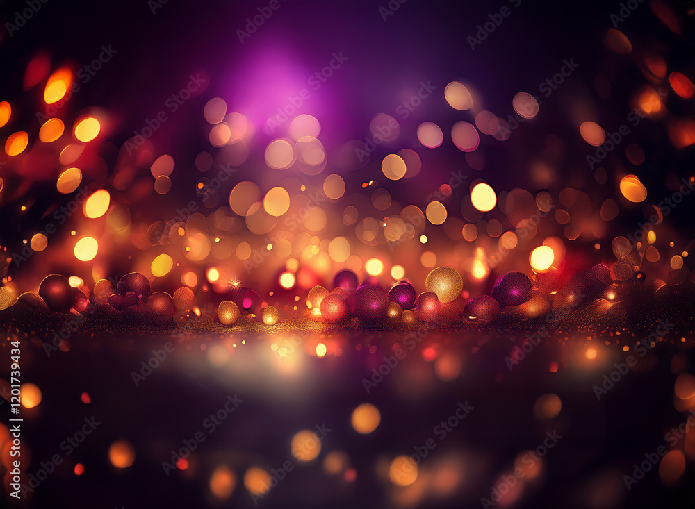 Poster Abstract bokeh background of warm and cool lights.  The glowing orbs create a magical, celebratory atmosphere.  A reflective surface adds depth.