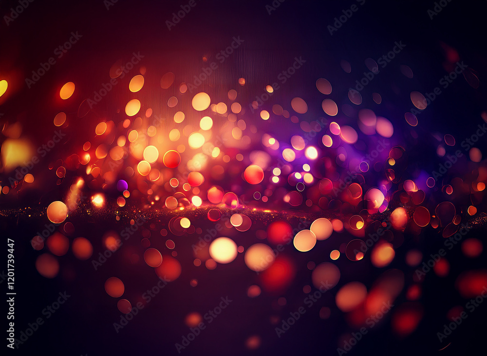 Poster Abstract background image featuring bokeh lights. Warm red and orange hues blend with cool purple and blue, creating a vibrant, sparkling effect.  The lights appear scattered and out of focus, produci