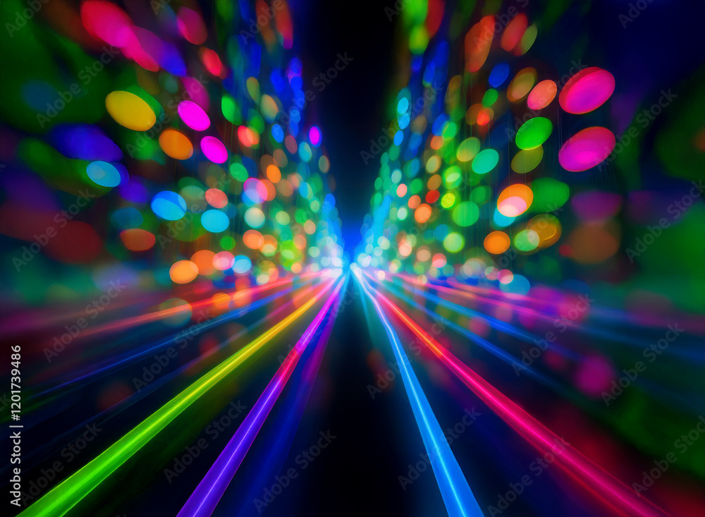Poster Abstract background image featuring vibrant bokeh lights.  Multicolored streaks converge to a central point, creating a dynamic, energetic feel.