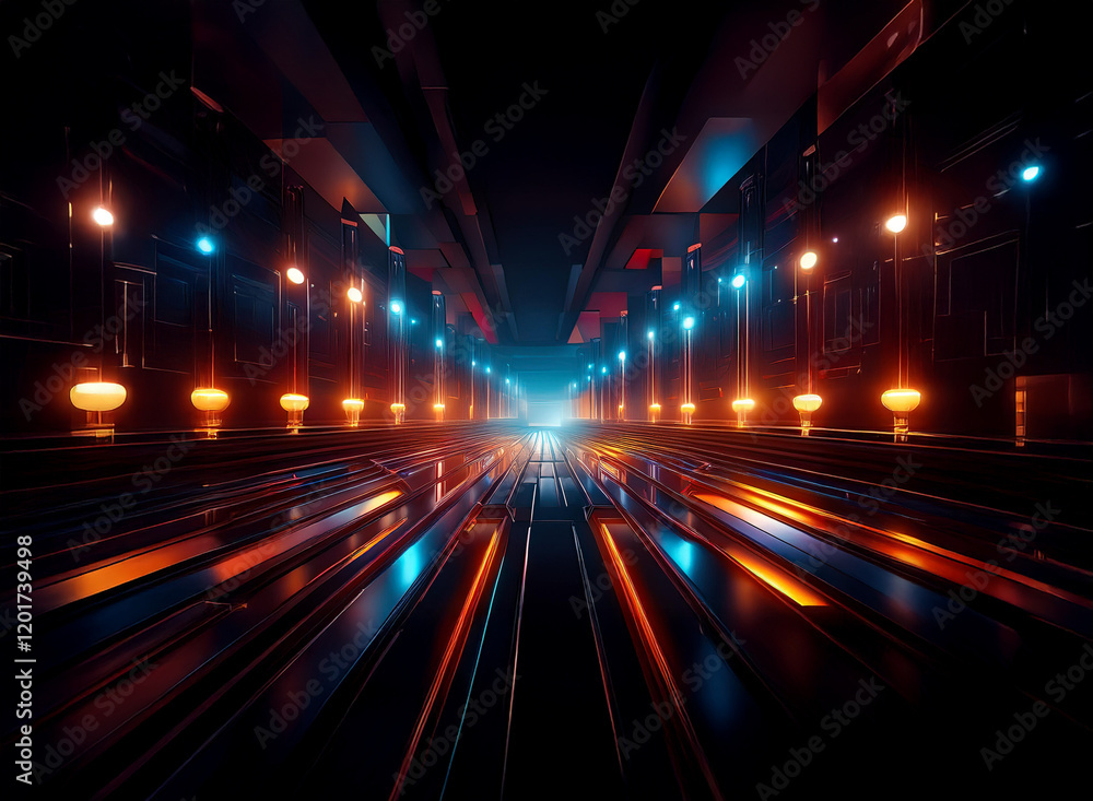Aufkleber Abstract background image featuring a dark, futuristic corridor illuminated by warm and cool bokeh lights.  The perspective creates a sense of depth and mystery.
