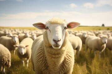 Obraz premium Leading sheep standing in a golden field with its flock behind it under a blue sky