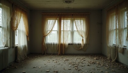 Abandoned room with torn lace curtains fluttering in wind, creating a melancholic, eerie atmosphere with soft natural lighting and visible decay