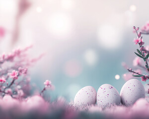 pink easter eggs on spring flowers