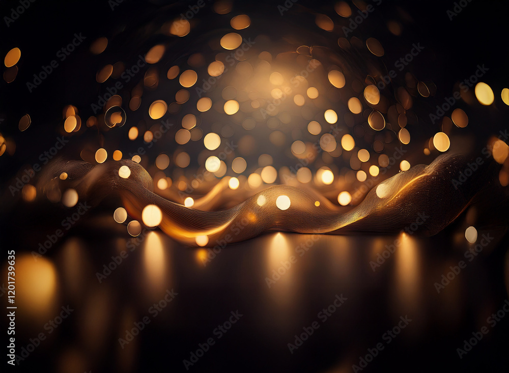Poster Abstract background with bokeh lights.  Golden, flowing waves shimmer in the dark, creating a luxurious and elegant feel.  The warm glow of the lights adds depth and mystique.