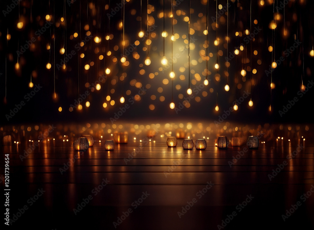 Poster Abstract background image featuring warm bokeh lights.  Suspended glowing orbs and candles on a dark wooden floor create a magical, romantic ambiance.