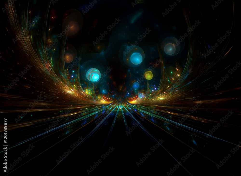 Poster Abstract background image featuring bokeh lights and glowing orbs.  A vibrant, colorful, cosmic scene with streaks of light converging towards the viewer.