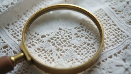 Close up of intricate lace stitching under magnifying glass, highlighting every thread and tiny detail with fine textures