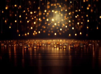 Abstract background image featuring warm bokeh lights.  Suspended glowing orbs and candles on a dark wooden floor create a magical, romantic ambiance.