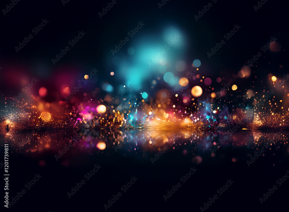 Poster Abstract bokeh background featuring vibrant lights and colorful sparkles.  The dark backdrop enhances the luminosity of the scattered glows.