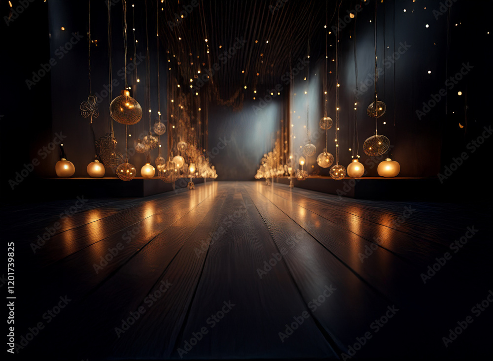 Aufkleber Abstract background image featuring a dark hallway illuminated by warm bokeh lights hanging from the ceiling and lining the walls. The wooden floor reflects the soft glow.
