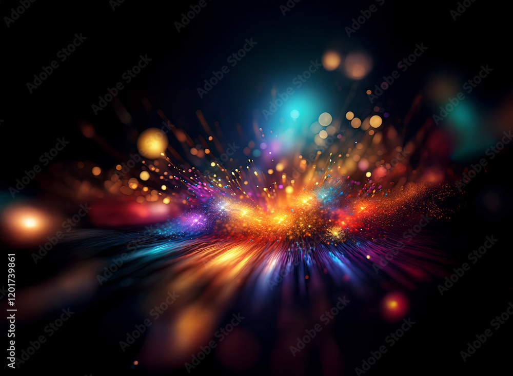 Poster Abstract background image featuring a vibrant bokeh effect.  Multicolored lights burst forth, creating a dynamic and energetic visual.