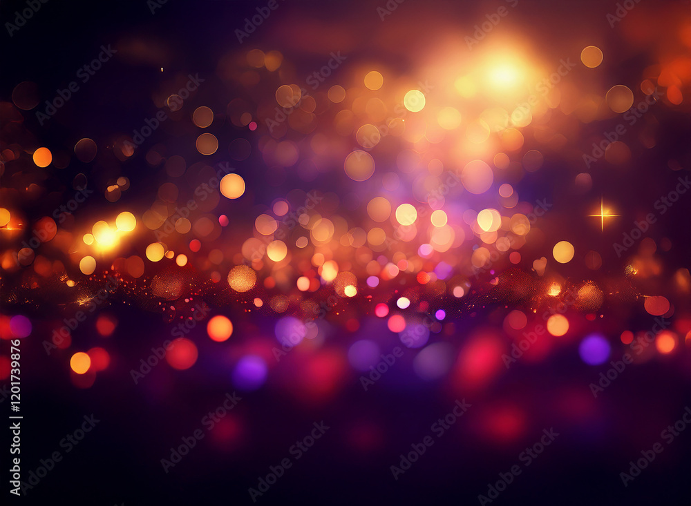 Poster Abstract background of colorful bokeh lights.  Warm and cool tones blend in a glittering, out-of-focus effect.  Perfect for celebratory or festive designs.