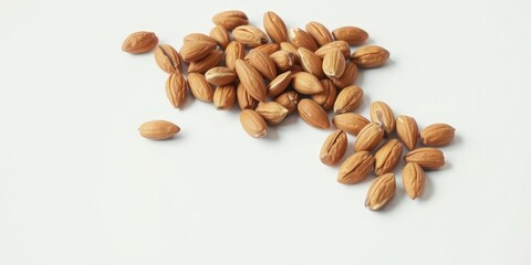 A cluster of almonds arranged randomly on a clean white surface, almonds on white, inedible objects