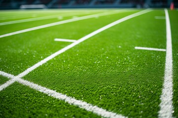 Obraz premium Close up of vibrant green turf with crisp white lines on a playing field, suggesting a sporting venue