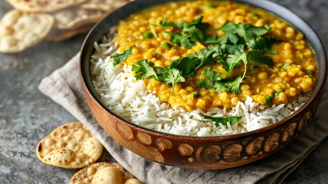 Delicious vegetarian meal of rice and lentil curry with fresh herbs, served alongside crispy flatbread, comforting Indian cuisine dish bursting with spices.