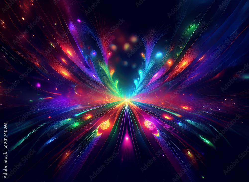 Poster Abstract background image featuring vibrant, colorful lights and bokeh effects.  A symmetrical design resembles a radiant, glowing butterfly.