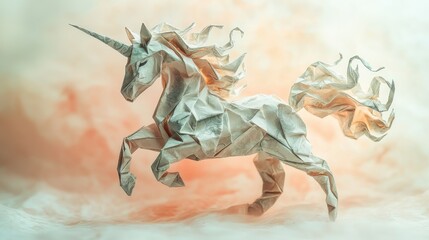 Obraz premium Intricate Origami Unicorn Sculpture with Flowing Mane on Soft Pastel Background