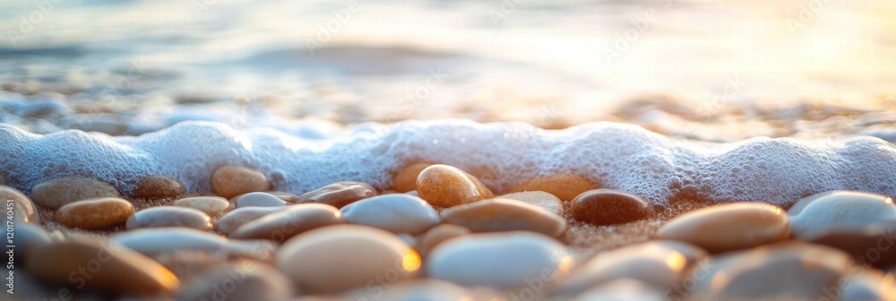 Poster close up view of smooth beach pebbles softly washed by gentle ocean waves at sunset. generative ai