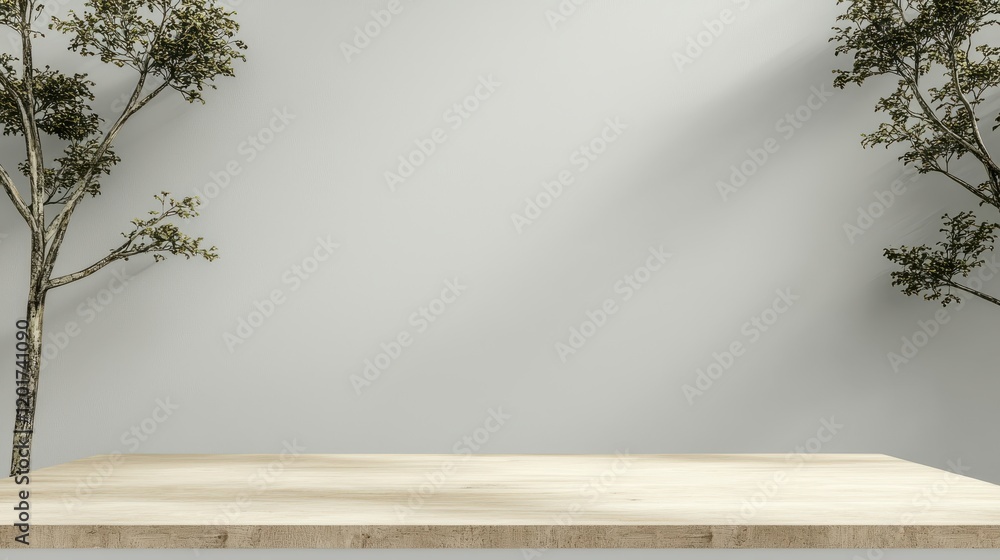 Poster rustic wooden table is illuminated by natural light, surrounded by greenery, creating serene and inv