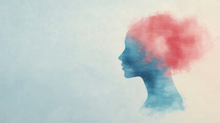 Abstract Art Featuring a Woman's Silhouette with Vibrant Red and Blue Watercolor Brushstrokes Emphasizing Psychological Therapy and Mental Health Concepts