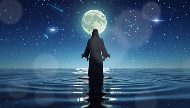 silhouette of jesus standing on water at night with stars and moon background. Virtual 4K video animation background with looping time lapse with very smooth graphics.