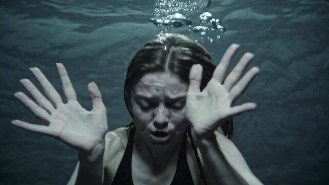 Underwater montage depicting young woman experiencing intense panic while drowning, struggling to breathe as air bubbles rise through dark, murky water