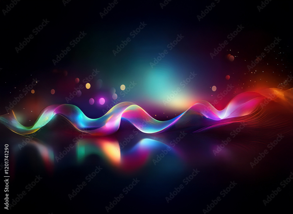 Aufkleber Abstract background image featuring vibrant, colorful light waves with bokeh effects.  The flowing lines are reflected on a dark, glossy surface, creating a mesmerizing visual.