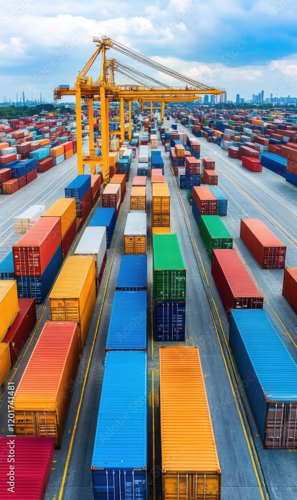 Poster aerial view of colorful shipping containers and crane at busy container terminal under cloudy skies