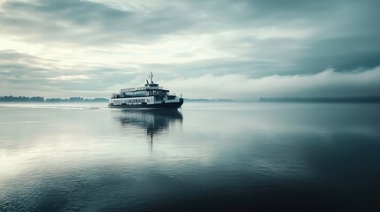 Obraz premium Serene Ferry Voyage on a Misty Lake