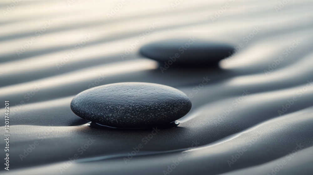 Aufkleber Close up view of smooth pebbles on a tranquil beach with gentle waves washing over during sunset. Generative AI