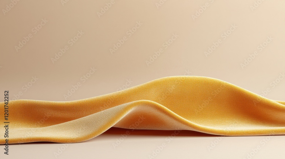 Poster Soft textured fabric in rich yellow tones, elegantly draped on smooth surface, creating serene and inviting atmosphere. Perfect for design and textile projects