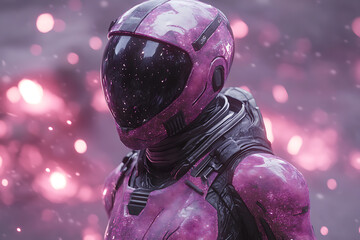 A futuristic, battle-ready character decked out in sleek, high-tech armor with glowing accents, wielding advanced weapons, the action takes place on a cyberpunk-style battlefield with dynamic energy

