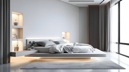 Minimalist bedroom in white and gray tones, floating bed - 02