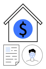 House outline with dollar sign, a document, and a face recognition icon representing financial technology, personal identification, and secure home loan processing. Ideal for finance, banking