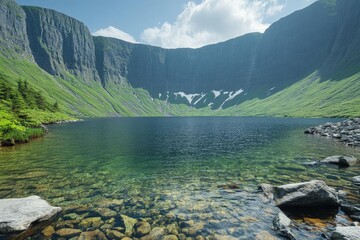 Serene mountain lake with crystal clear water reflecting the surrounding cliffs and lush green...