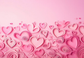 Valentine's Day Love Concept, hearts on Pink Background, Paper Cut Style Art.