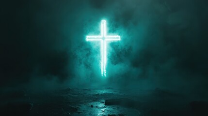Fototapeta premium Neon Cross Illuminating Misty Night Landscape with Mysterious Atmosphere and Spiritual Symbolism