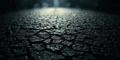 Obraz premium A dimly lit cobblestone pathway with a soft focus in the distance, revealing a textured and uneven surface