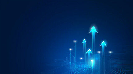 Glowing arrows pointing upwards on a blue background, symbolizing growth, success, and progress in business, financial development, or personal achievement. Modern vector illustration for data visuali