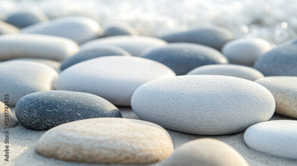 Poster close up of smooth beach pebbles with gentle waves washing over the shoreline at sunset creating a s