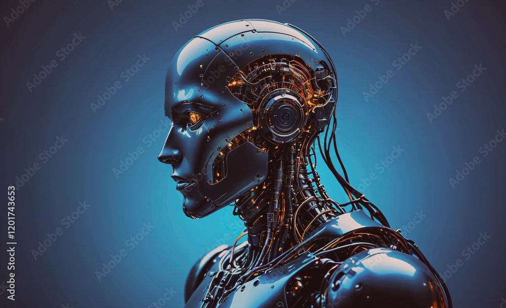 Aufkleber A robot with a face made of metal and wires. The robot has a metallic head and a metallic body. The robot is designed to look like a human, but it is not