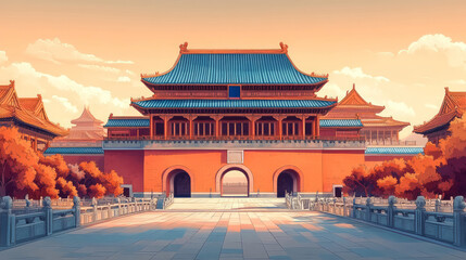 Background of Chinese traditional ancient architecture palace under sunset
