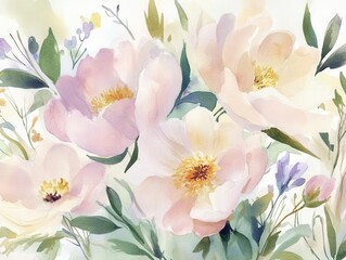 delicate botanical watercolor composition featuring soft pastel peonies and wildflowers, loose brushstrokes with translucent layers