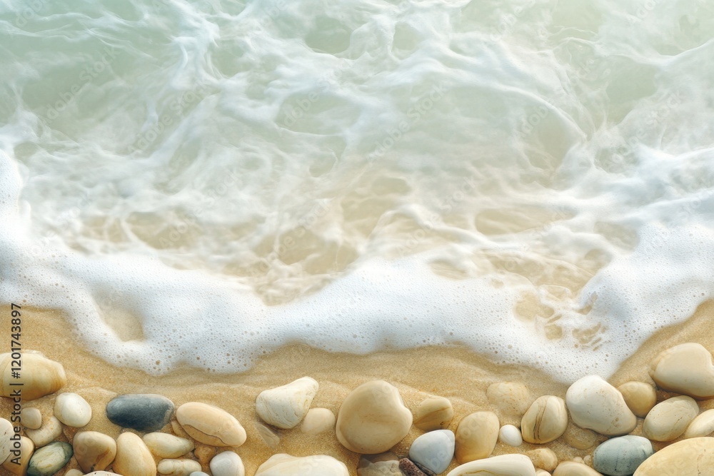 Poster smooth beach pebbles washed by gentle waves under clear skies at a tranquil coastal location. genera